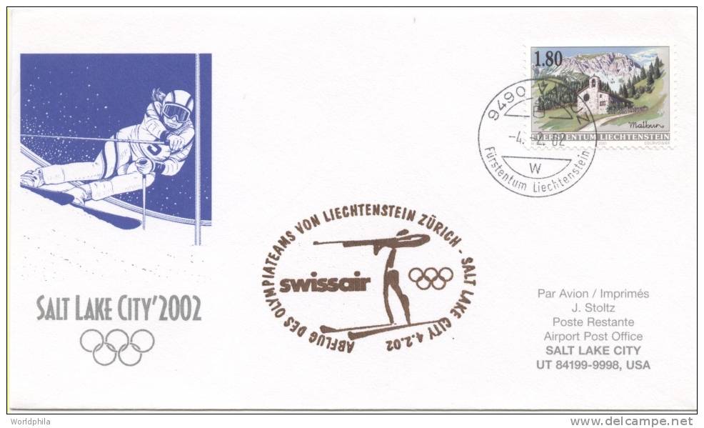 Liechtenstein-USA- Olympic Team "Swissair" Flight, Salt Lake Winter Games Cacheted Cover 2002 - Hiver 2002: Salt Lake City