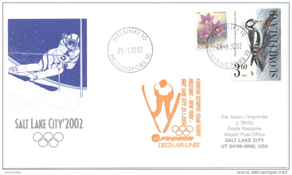 Finland-USA- Olympic Team " Finnair, Delta Airlines" Flight, Salt Lake Winter Games Cacheted Card 2002 - Invierno 2002: Salt Lake City