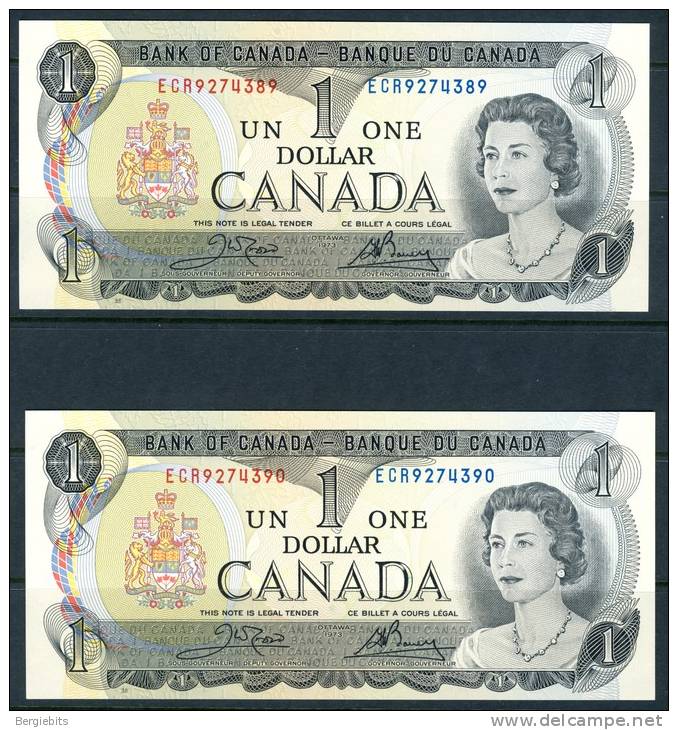 Canada 1973  2 Consecutively Numbered One Dollar Banknotes In Uncirculated Condition - Kanada