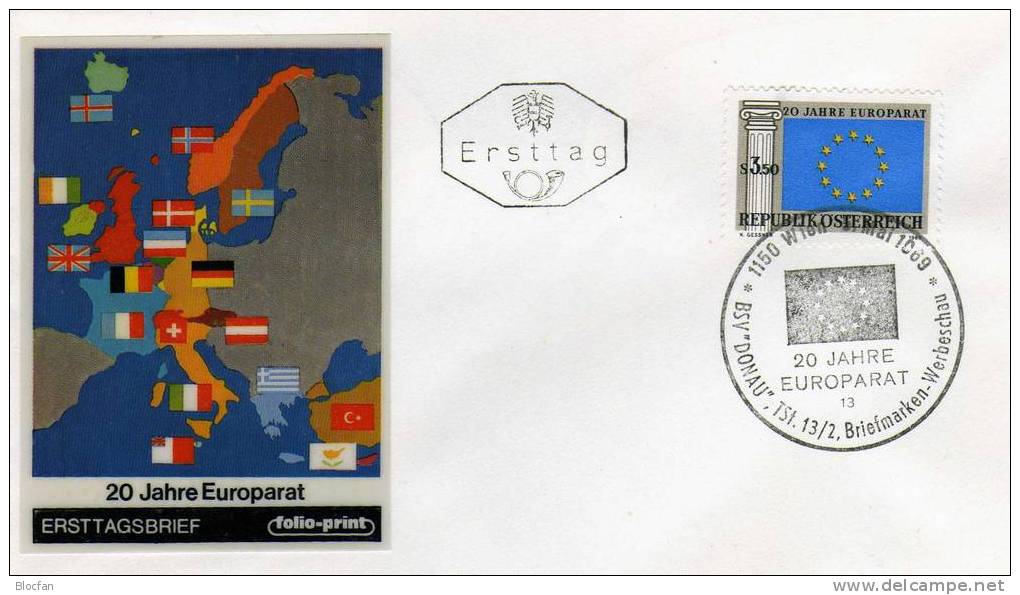 20 Jahre Europarat 1969 Flaggen Der Mitgliedsländer EU - Sterne Österreich 1292 + FDC 2€ - Covers
