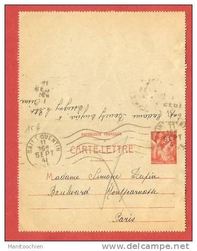 CARTE LETTRE DE 1941 CACHET SI QUENTIN POUR PARIS - Kaartbrieven