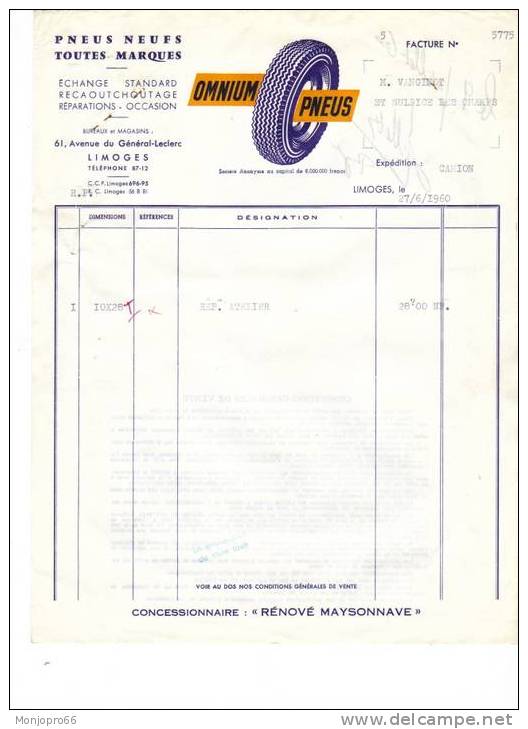 Facture De La Société OMNIUM PNEUS De Limoges Et De 1960 - Automovilismo