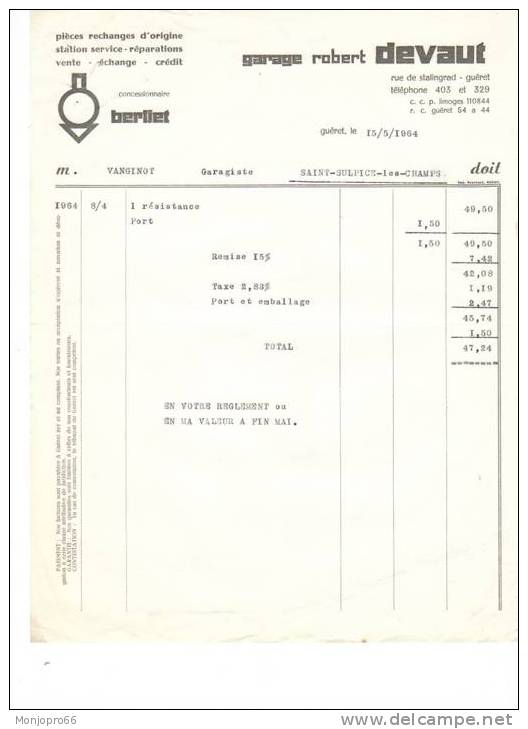 Facture Du Garage ROBERT DEVAUT Concessionnaire Berliet De Guéret Et De 1964 - Automovilismo