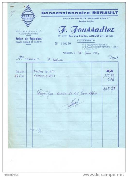 Facture Du Concessionnaire RENAULT Atelier De Réparation F. FOUSSADIER D?Aubusson Et De 1963 - Automobile