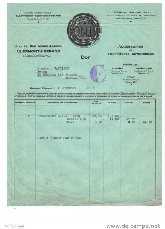 Facture Des Etablissements D?Accessoires Et Fournitures Automobiles JEAN ROBERT De Clermont Ferrand Et De 1931 - Automobile