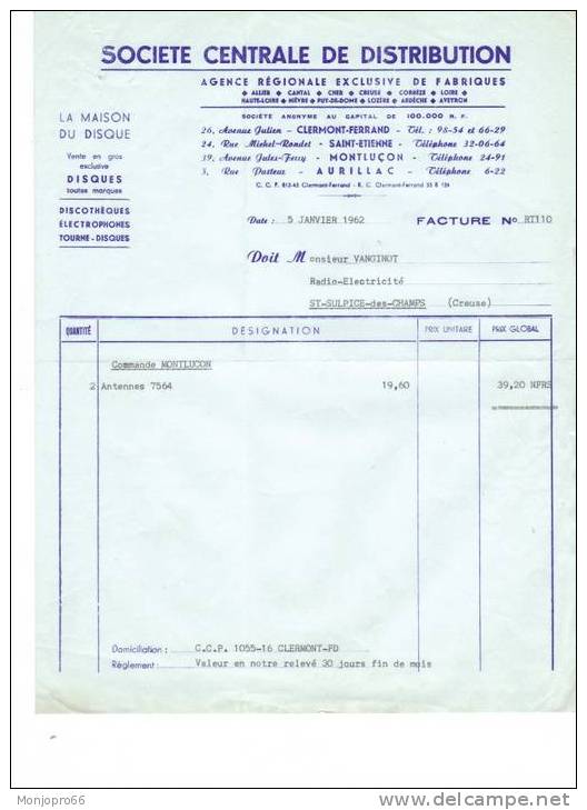 Facture De La Société Centrale De Distribution De Monntluçon Et De 1962 - Automobile