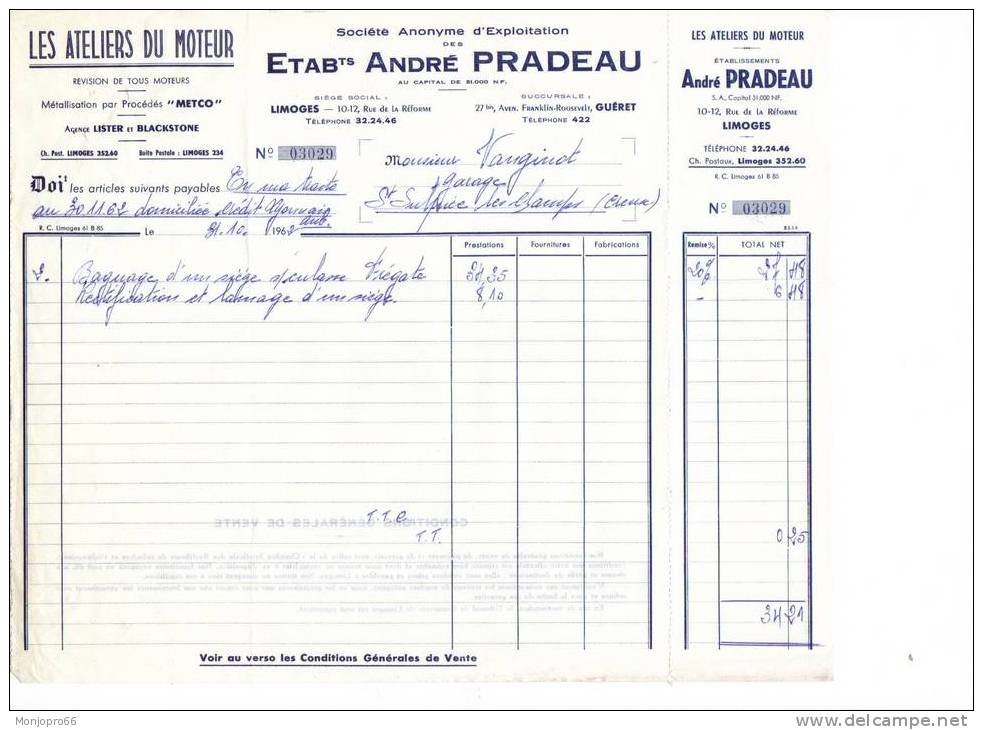 Facture Des Etablissements ANDRÉ PRADEAU De 1962 - Auto's