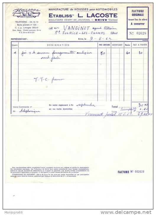 Facture De La Manufacture De Housses Pour Automobiles Des Etablissements L. LACOSTE De Brive Et De 1962 - Automobile