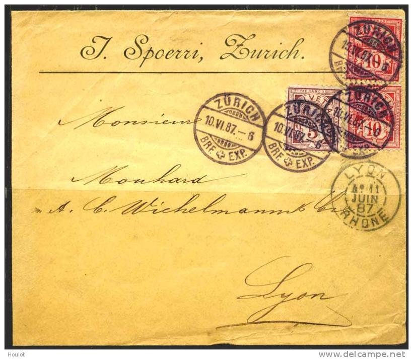 Schweiz Helvetia Mi.N° 46?  + 47  Auf Brief Von Zürich Nach Lyon France Abgestempelt Am 10.6. 1887 In Zürich, Ankunftsst - Plaatfouten