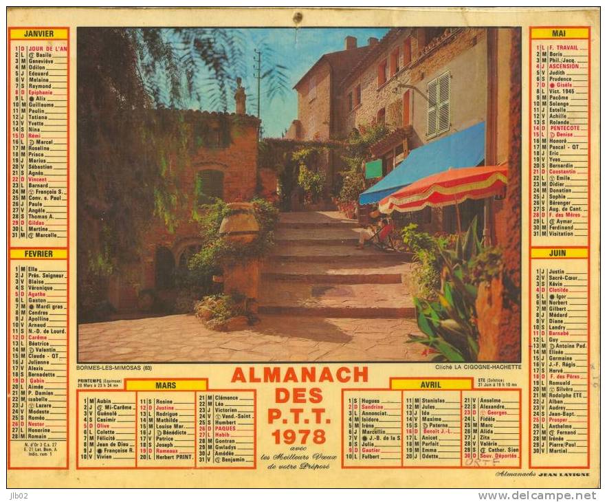 Calendrier 1978 - Almanach Des PTT - Bormes Les Mimosas - Saint-Malo -  Département De L´Aisne - Formato Grande : 1971-80