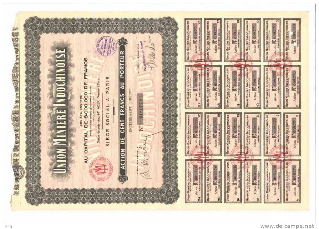 Union Minière Indochinoise - Action De 100 Francs - 26 Juin 1930 - Mines