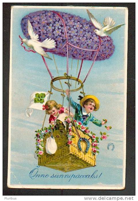 CHILDREN ON BALLOON, BASKET WITH ROSES, VIOLET, VIOLETTE  ,DOVE , VINTAGE  EMBOSSED POSTCARD - Luchtballon