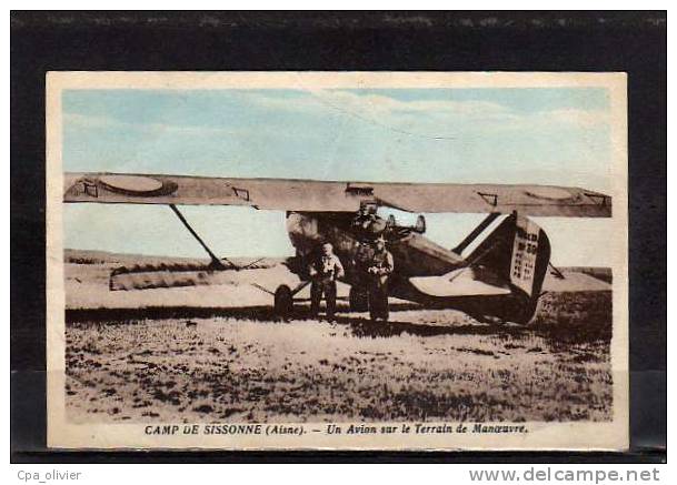 02 SISSONNE Camp, Aviation, Avion Sur Le Terrain De Manoeuvre, Biplan, Colorisée, Ed Pottelain, 1936 *** ETAT *** - Sissonne