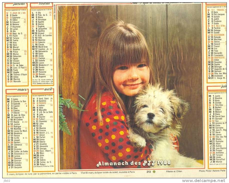 - Calendrier Almanach Des PTT 1988 - 213 Fillette Et Chien - Les Amis - Département De Paris - Grand Format : 1981-90