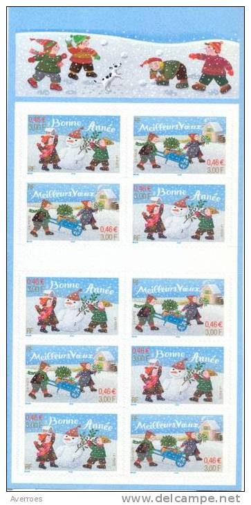 BONNE ANNEE  2001 - ENFANTS JOUANT DANS LA NEIGE -  Carnet  De 10 Timbres Yvert N°BC3440A Année 2001 - Commemorrativi