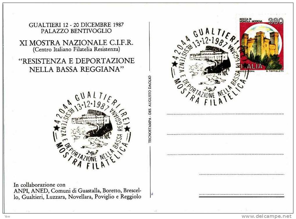 ITALIA 1987 CP RESISTENZA E DEPORTAZIONE NELLA BASSA REGGIANA. ANNULLO SPECIALE GUALTIERI - REGGIO EMILIA - WW2