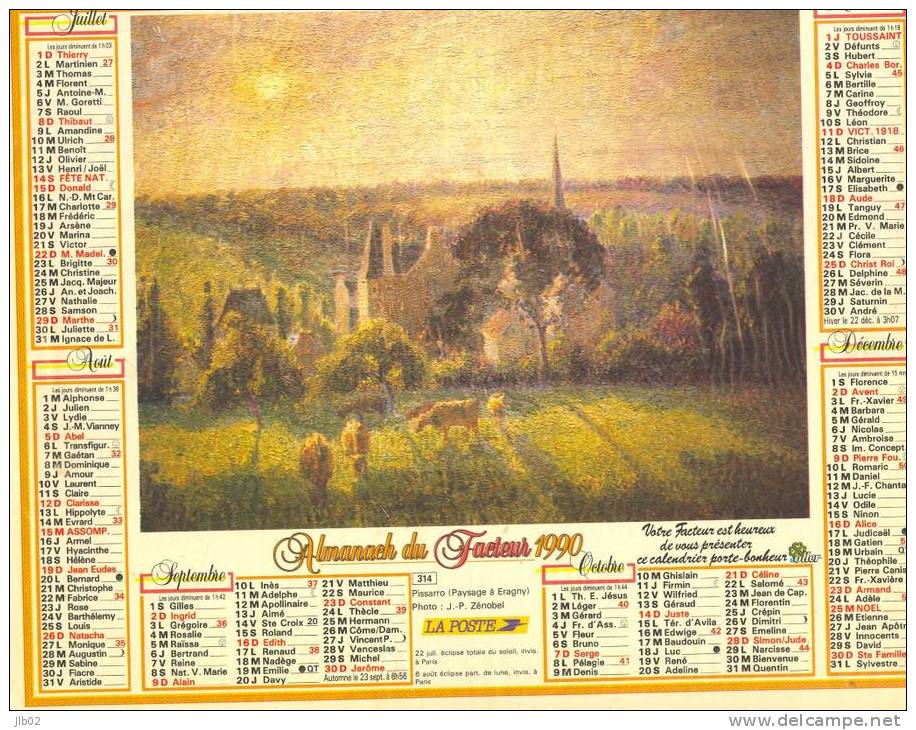 Calendrier - Almanach 1990 - 314 Pissaro (paysage à Eragny) - Monet ( Le Pont D'Argenteuil) - Département De L'Aisne - Big : 1981-90