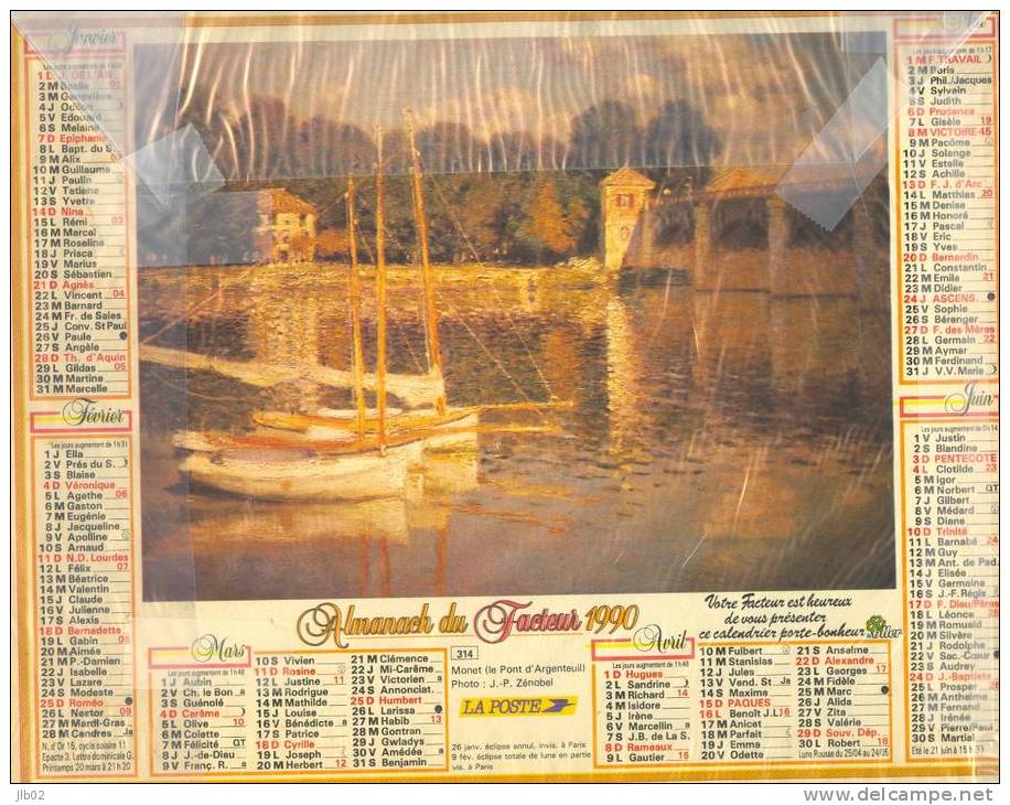 Calendrier - Almanach 1990 - 314 Pissaro (paysage à Eragny) - Monet ( Le Pont D'Argenteuil) - Département De L'Aisne - Grand Format : 1981-90