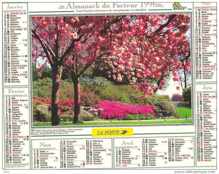 Calendrier - Almanach 1996 - 220 Parc De Leeds GB - Regent's Park, Londres - Département De L'Aisne - Big : 1991-00