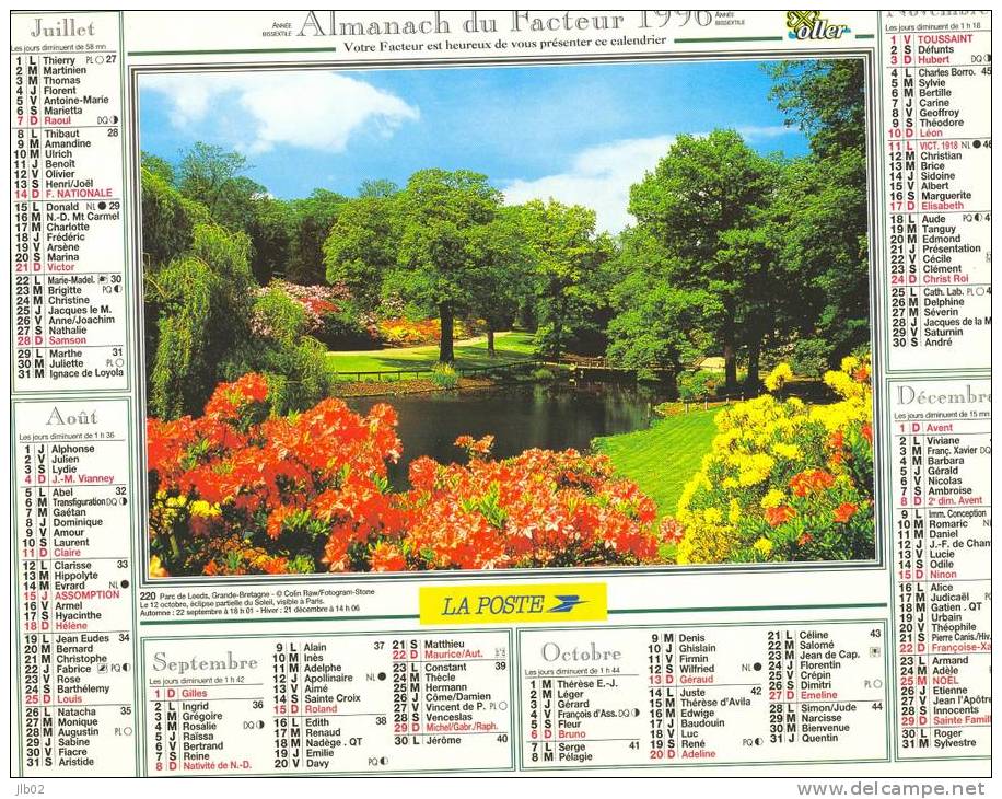 Calendrier - Almanach 1996 - 220 Parc De Leeds GB - Regent's Park, Londres - Département De L'Aisne - Groot Formaat: 1991-00