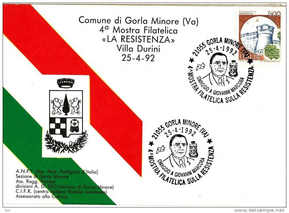 ITALIA 1992 FOLDER:" LA RESISTENZA " - OMAGGIO A GIOVANNI MARCORA. ANNULLO SPECIALE GORLA MINORE - VARESE - WW2
