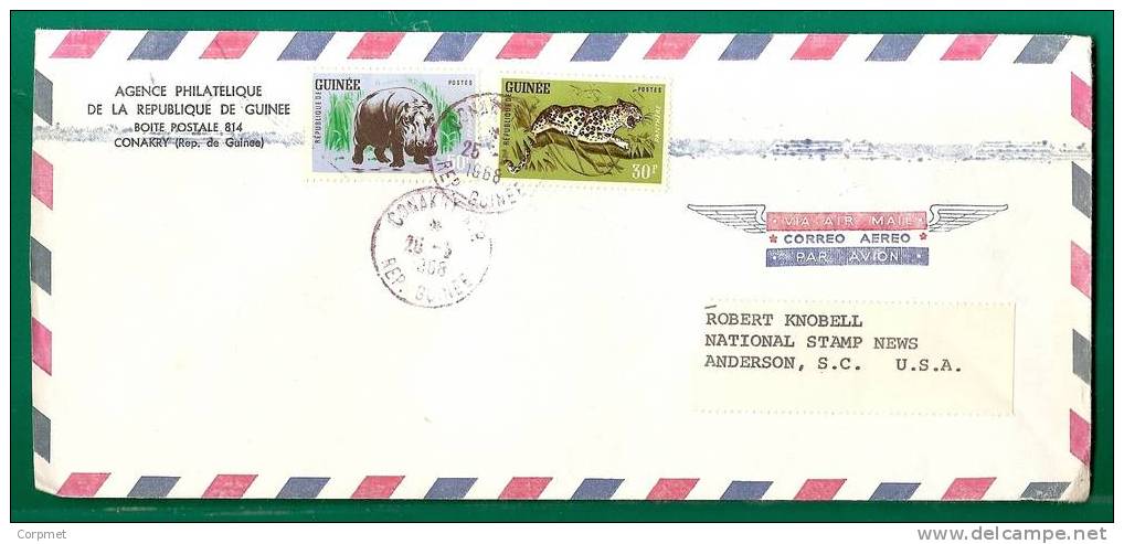 FAUNA - RHINOCEROS + PANTHER VF AIR MAIL COVER GUINEE To ANDERSON, SC - Rhinocéros