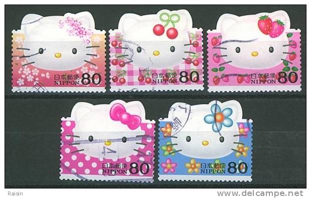 2004 Japon Yvert 3473/77 Hello Kitty Chat Personnage De BD Série Complète Oblitérée Image Conforme - Used Stamps