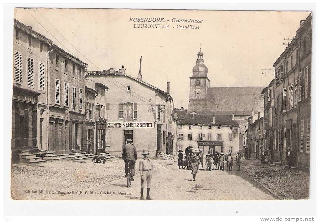 BUSENDORF :Grossestrasse/ BOUZONVILLE (Moselle): Grand´Rue; Schweinemetzgerei; Cycliste; Belle Animation,1913; TB - Lothringen