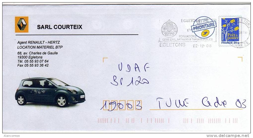 Entier Postal PAP Repiqué Corrèze Egletons Agent Renault Voiture Clio - Prêts-à-poster: Repiquages Privés