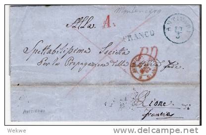 Yu-MTN007/  MONTANEGRO -  Antivari (grünblau) 1862 Franco Lyon, Frankreich,  Brief. Cover. Letter, Lettre) - Montenegro