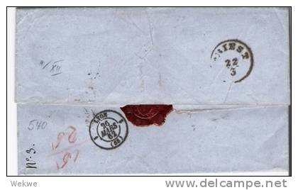 Yu-MTN007/  MONTANEGRO -  Antivari (grünblau) 1862 Franco Lyon, Frankreich,  Brief. Cover. Letter, Lettre) - Montenegro