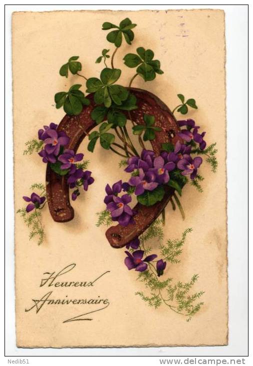 *** ILLUSTRATEUR *** FLEURS *** VIOLETTES * TREFLE * ASPARAGUS * FER A CHEVAL *** HEUREUX ANNIVERSAIRE *** - Other & Unclassified