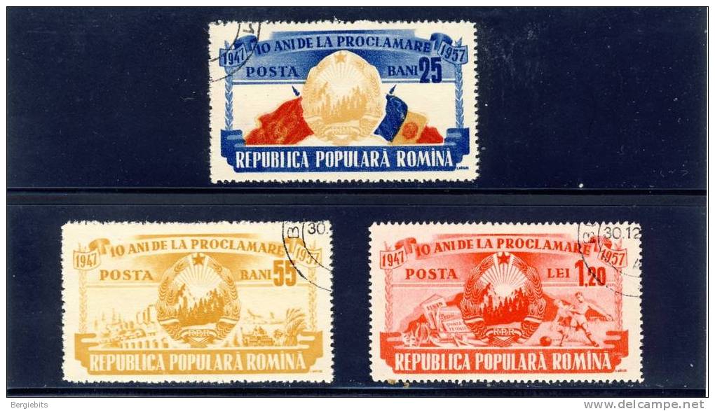 1957 Romania Complete Set Of 3  Anniv. Of Peoples Republic , Used - Used Stamps