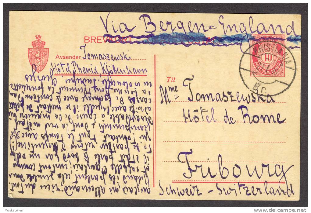Norway Ships Mail Schiffspost Stationery KRISTIANIA BR. 1916 Via Bergen-England To Switzerland - Enteros Postales