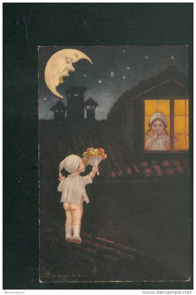 Jolie Carte Illustrée Colombo Enfant  Amoureux Fenêtre  Lune - Colombo, E.