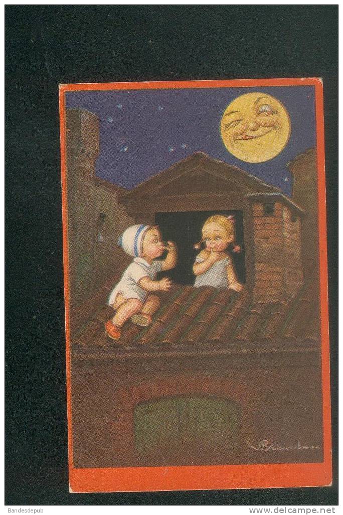 Jolie Carte Illustrée Colombo Enfant Amoureux Fenêtre  Lune - Colombo, E.