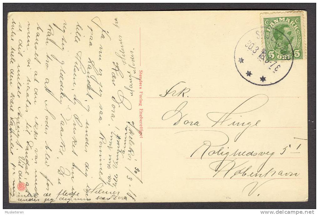 Denmark PPC Broken Line Under King´s Chin Cancelled Brotype IIIb SKJELSKØR 30.3.1918 (SCARCE) !! - Abarten Und Kuriositäten