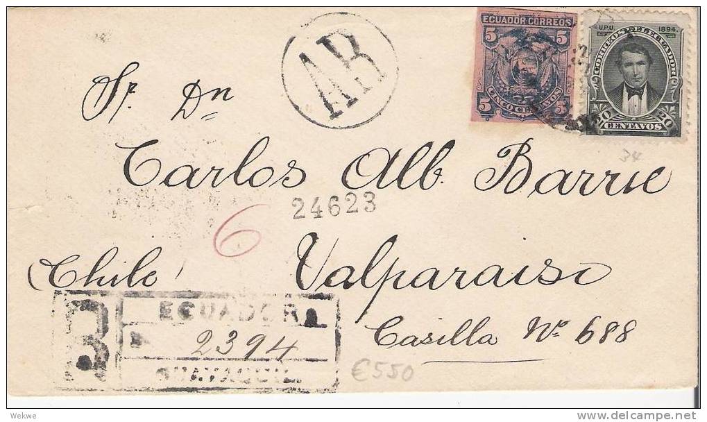 Ecu080/  ECUADOR - Einschreiben AR 1895, Chile, Ganzsachen-Ausschnitt + Marke (Brief, Cover, Letter, Lettre) - Equateur