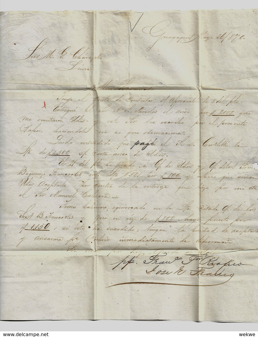 Ecu087 / Ecuador, Brief Mit  1 Real (Paar)  1870, Guayaquil Nach Peru , Mit Inhalt Und Ankunftsstempel Lima (geprüft) - Ecuador