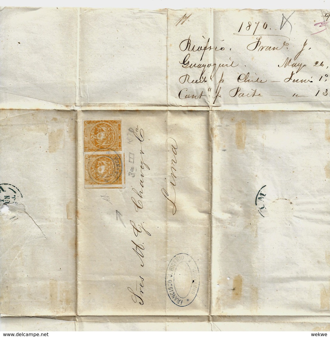 Ecu087 / Ecuador, Brief Mit  1 Real (Paar)  1870, Guayaquil Nach Peru , Mit Inhalt Und Ankunftsstempel Lima (geprüft) - Ecuador