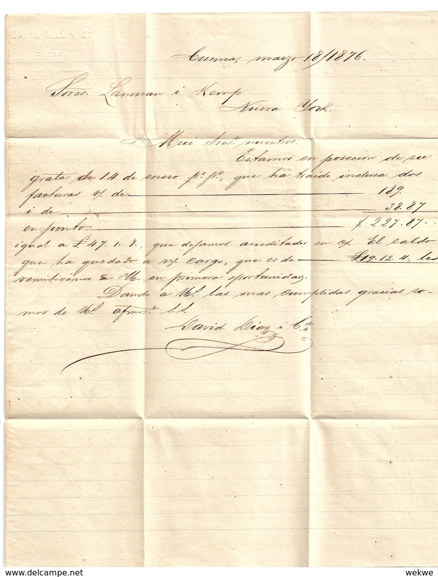 Ecu088 ECUADOR - /Cuenca 1876-N.Y., Paid All. Michel 6 ( 1 R.) (Brief, Cover, Letter, Lettre) - Ecuador