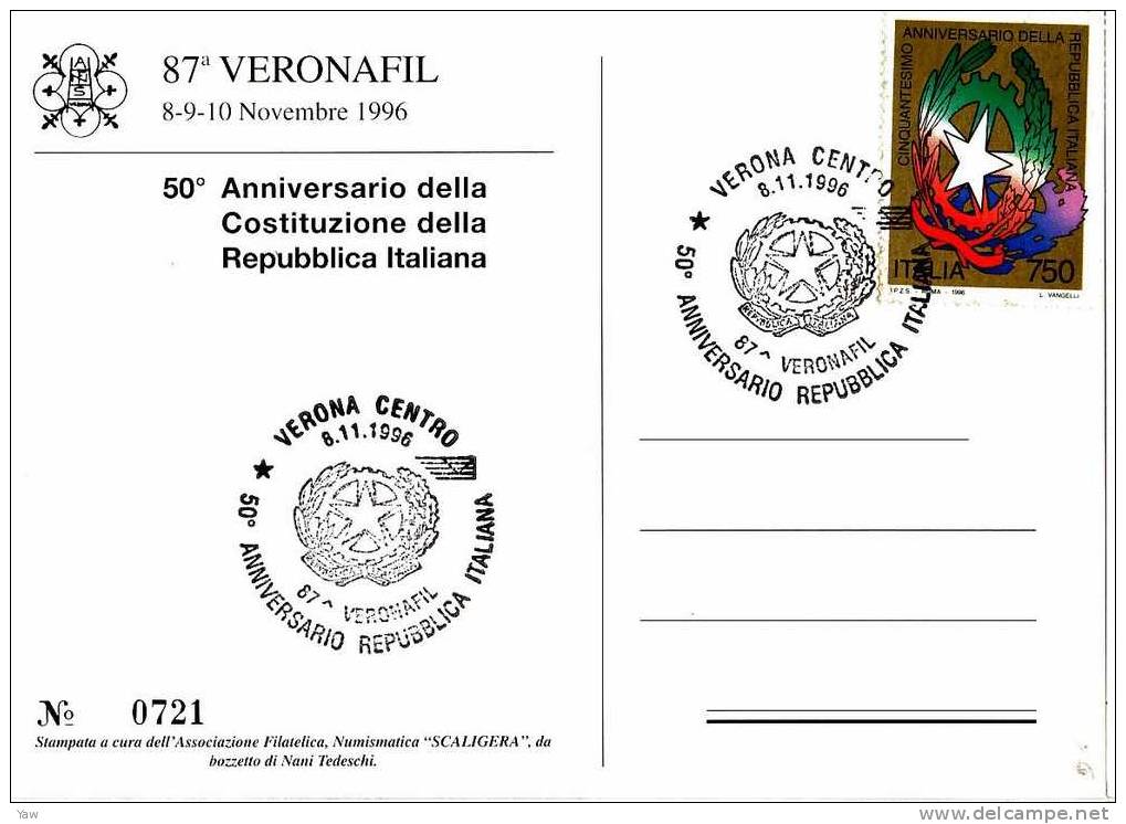ITALIA 1996 CP NUMERATA: 50° ANNIVERSARIO REPUBBLICA E COSTITUZIONE. ANNULLO SPECIALE VERONA - Eventos
