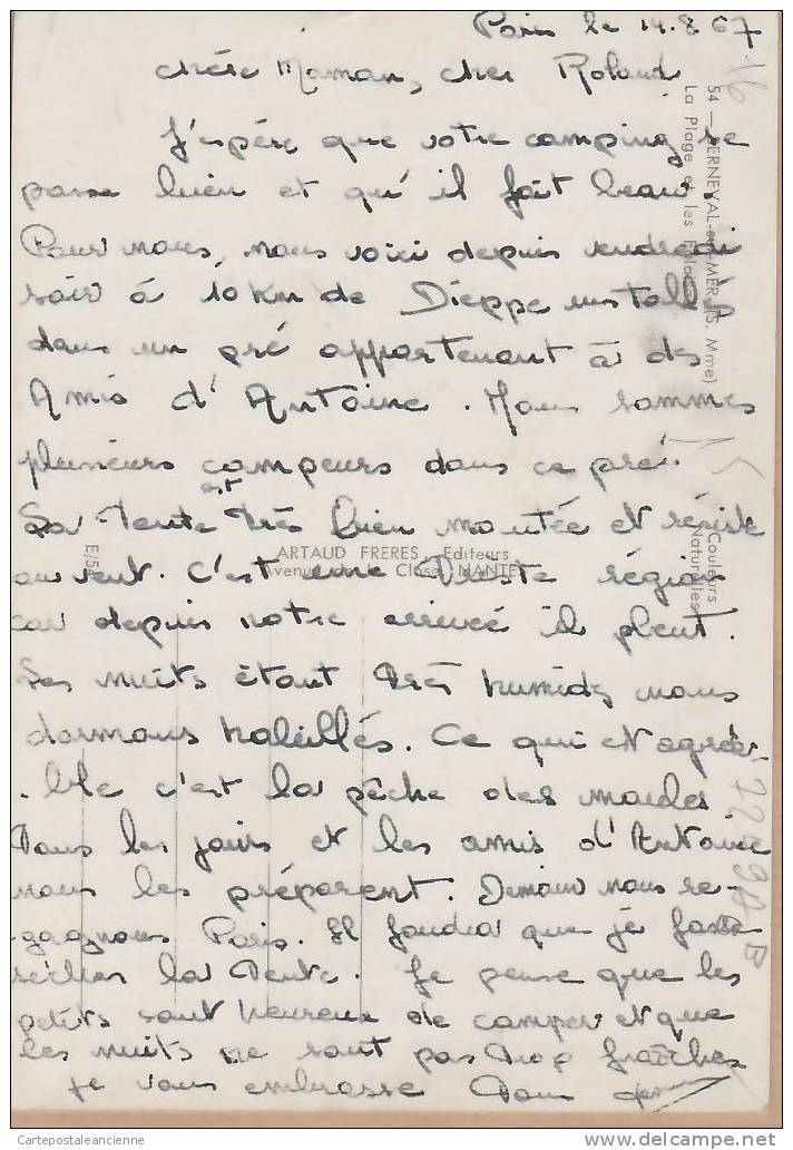 76 BERNEVAL Sur MER PLAGE FALAISES Datée 11.08.1967 ¤ Editions ARTAUD N°54 ¤ SEINE MARITIME ¤7249AB - Berneval