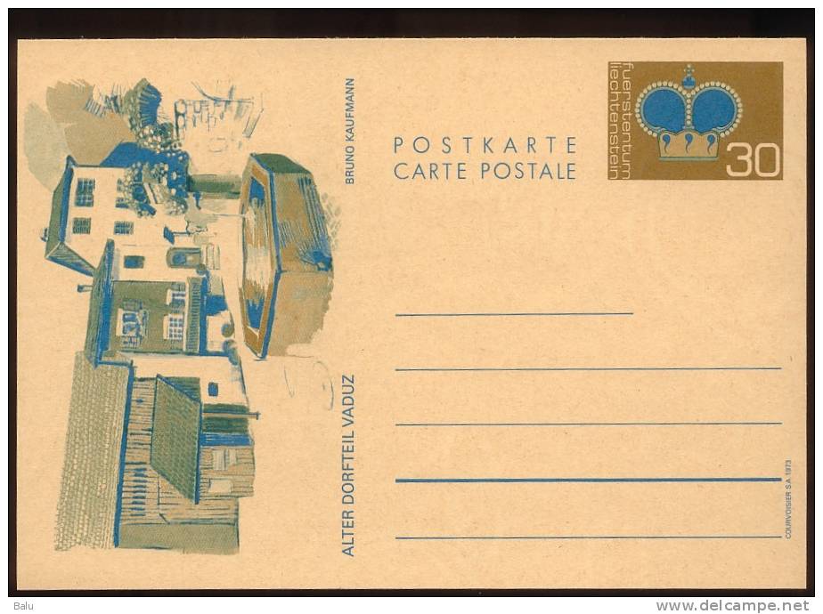 Liechtenstein 1973. Ganzsache 30 Rp. NEU, Postkarte Alter Dorfteil Vaduz. Nr. 76 - Postwaardestukken