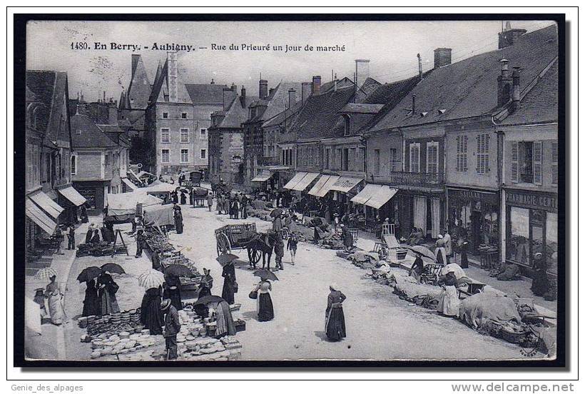 18 AUBIGNY Sur NERE, En Berry, Rue Du Prieuré Jour De Marché, Très Animée, éd.A.Auxenfans 1480, Voyagé En 1912. - Aubigny Sur Nere