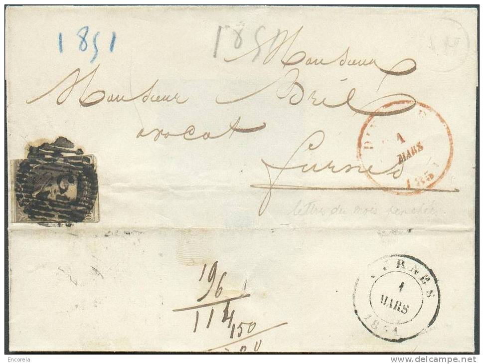 N°3 - Médaillon 10 Centimes Obl. P.35 S/L. De DIXMUDE 1/03/1851 + Boîte AH (MERCKEN ?) Vers Furnes. - 3965 - 1849-1850 Medaillen (3/5)