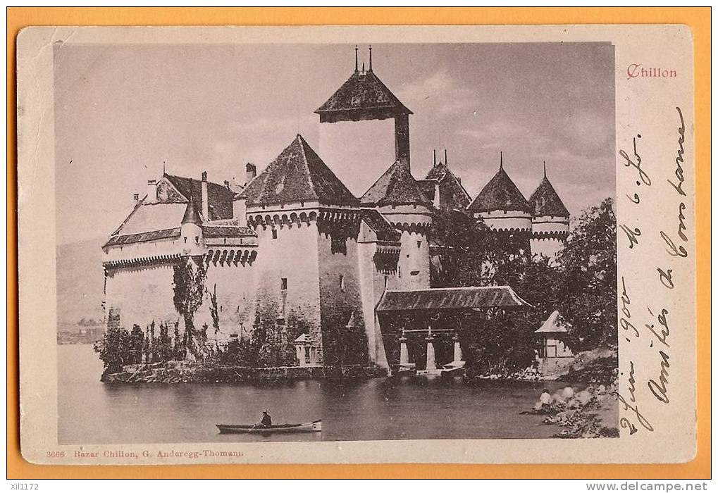 D666, Château De Chillon, Avec Barque. Précurseur, Tampon Veytaux 2 Juin 1900 Vers Genève - Veytaux