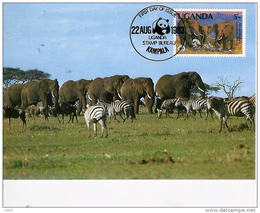 CARTE MAXIMUM OUGANDA 1983 SERIE WWF MODELE 2 ELEPHANT ZEBRE - Elefantes