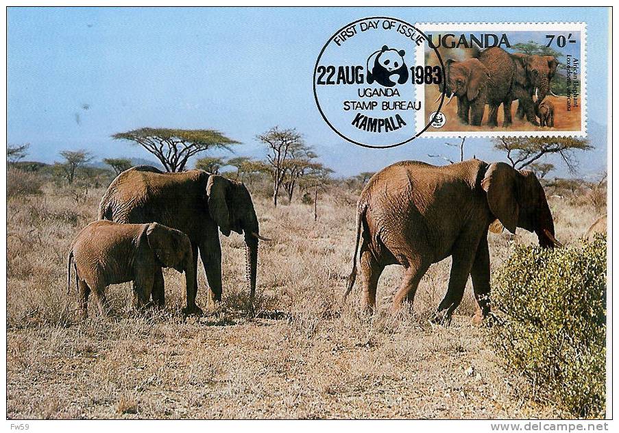 CARTE MAXIMUM OUGANDA 1983 SERIE WWF MODELE4 ELEPHANTS UNE FAMILLE - Elefantes