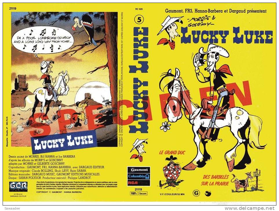 JAQUETTE K7 - PUBLICITAIRE - LUCKY LUKE 5 - LE GRAND DUC/ DES BARBELES SUR LA PRAIRIE - SPECIMEN - Posters